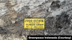 Kampanye yang dilakukan sejumlah aktivis lingkungan terkait kritik terhadap proyek lumbung pangan di Kalimantan Tengah, Kamis 11 November 2022. (Courtesy: Greenpeace Indonesia)