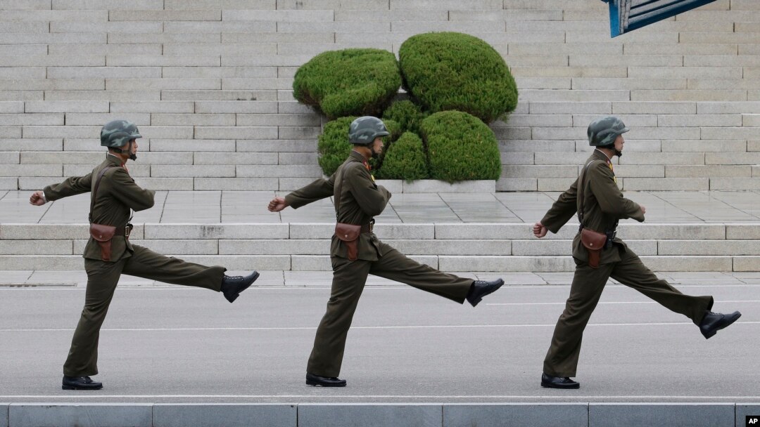 North Korean army soldiers march during a visit by Australian Defense Minister Marise Payne and Foreign Minister Julie Bishop to the border village of Panmunjom in Paju, South Korea, Oct. 12, 2017.