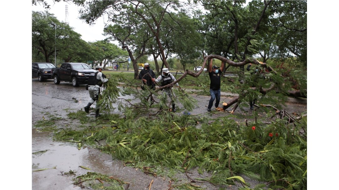Anggota Garda Nasional menyingkirkan dahan pohon dari jalan setelah Badai Grace mendarat di Semenanjung Yucatan, di Merida, Meksiko, 19 Agustus 2021. (Foto: Reuters)