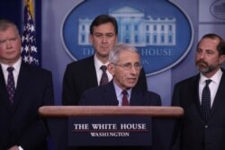 Dr. Anthony Fauci dari dari Lembaga Kesehatan Nasional AS (NIH) menjelaskan upaya pemerintahan Trump menghadapi penyebaran virus corona, dalam konferensi pers di Gedung Putih, Jumat (31/1).