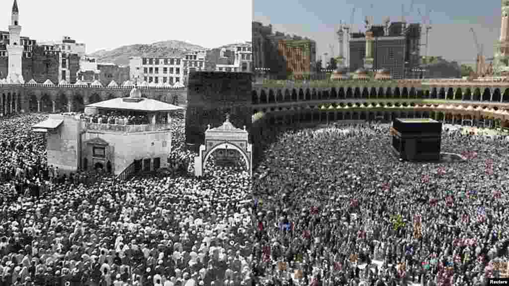 Pilgrims during Hajj, Mecca, Saudi Arabia (L) ca. 1910, American Colony (Jerusalem). Photo Dept. Library of Congress. (R) 29 October 2012. Creative Commons.