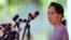 FILE - Myanmar's National League for Democracy Party leader Aung San Suu Kyi is seen speaking to media in Yangon.