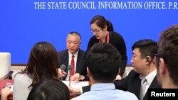 Liu Yuejin, Vice Commissioner of China National Narcotics Control Commission and Commissioner of Counterterrorism of Ministry of Public Security speaks to reporters after the news conference on fentanyl-related substances control, in Beijing, China, April 1. 2019.