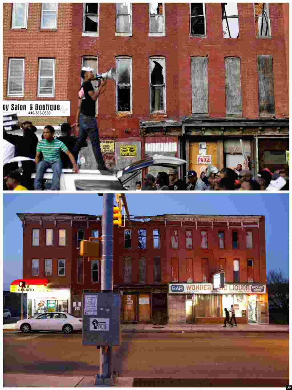 A protest leads marchers in a chant on May 2, 2015 in Baltimore, top, and the same buildings on April 14, 2016.