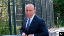 (File) Former Kosovo Prime Minister Ramush Haradinaj arrives for a tribunal, at the Hague, Netherlands, July 24, 2019, was questioned by a special court investigating alleged war crimes by members of the separatist Kosovo Liberation Army two decades ago. 