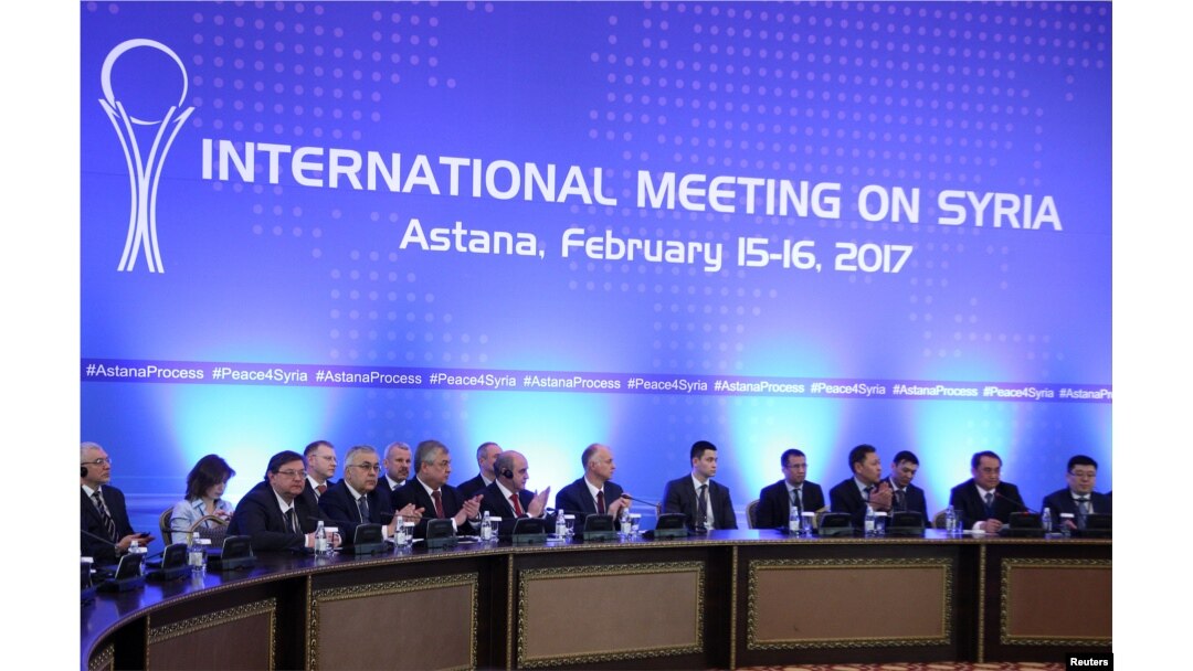 Participants of Syria peace talks attend a meeting in Astana, Kazakhstan, Feb. 16, 2017.