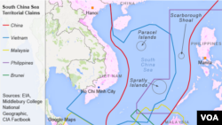 Bản đồ khu vực có tranh chấp ở Biển Đông, nơi nhiều quốc gia, trong đó có Việt Nam, tuyên bố chủ quyền chồng chéo với nhau.