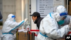 A worker swabs a man's throat for COVID-19 in Beijing, Nov. 17, 2022. Chinese authorities faced more public anger after lockdowns had been extended.
