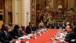 在巴黎爱丽舍宫举行的巴黎尼日利亚安全峰会上，法国总统奥朗德在发言