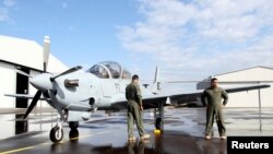 An A-29 Super Tucano light-attack aircraft is seen in Hamat Air Base in Lebanon's mountains, Oct. 31, 2017. 