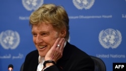 Actor Robert Redford talks to the press at the General Assembly's High-Level Climate Change meeting at the United Nations in New York, June 29, 2015. 