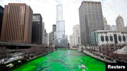 FILE - The Chicago River is dyed green during St. Patrick's Day celebrations in Chicago, March 15, 2014.