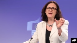 European Commissioner for Home Affairs Cecilia Malmstrom addresses the media at the Commission headquarters in Brussels, Belgium, Jan. 15, 2014. 