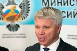 In this file photo dated Wednesday, July 24, 2019, Russian Sports Minister Pavel Kolobkov speaks to the media in Moscow, Russia. Russia has sent a formal response to the World Anti-Doping Agency, Tuesday Oct. 8, 2019.