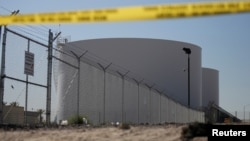 Two jet fuel storage tanks are pictured Oct. 5, 2017, near the Mandalay Bay Resort and Casino, from which Stephen Paddock shot at concertgoers along the Las Vegas Strip four days earlier, in Las Vegas, Nevada.
