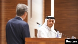 U.S. Secretary of State Antony Blinken and Qatari Prime Minister and Foreign Minister Sheikh Mohammed bin Abdulrahman Al Thani attend a press conference in Doha, Qatar, on Oct. 24, 2024.