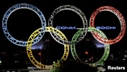 The Olympic rings are seen in front of the airport of Sochi, the host city for the Sochi 2014 Winter Olympics, April 22, 2013.