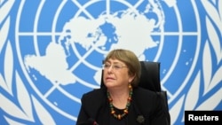 U.N. High Commissioner for Human Rights Michelle Bachelet attends a news conference at the European headquarters of the United Nations in Geneva, Switzerland, Dec. 9, 2020. 