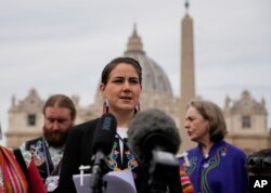 President of the Metis community, Cassidy Caron, speaks to the media in St. Peter's Square after their meeting with Pope Francis at The Vatican, Monday, March 28, 2022. (AP Photo/Gregorio Borgia, File )