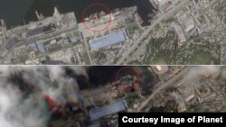 원산 항을 촬영한 이달 1일(위)과 지난달 25일자 플래닛 랩스의 위성사진. 철광석으로 보이는 광물을 싣고 있는 선박(위 사진 붉은 원 안)이 포착된 가운데 석탄 야적장 앞에 정박한 선박(아래 붉은 원 안)도 보인다. 사진제공=Planet Labs Inc.