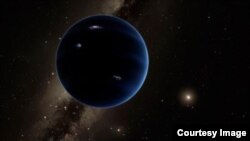 This artistic rendering shows the distant view from Planet Nine back towards the sun. The planet is thought to be gaseous, similar to Uranus and Neptune. Hypothetical lightning lights up the night side.(Caltech)