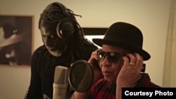 Tiken Jah Fakoly and Salif Keita during recording of song/video, "Africa Stop Ebola". Photo Credit: Remi Crepeau