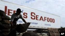 Seorang pekerja mengangkut karung-karung berisi tiram di Jeri's Seafood, Smith Point, Texas. Tiram Texas mengisi kekosongan akibat berkurangnya pasokan tiram dari Louisiana akibat tumpahan minyak.