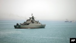 In this picture taken on April 7, 2015, and released by the semi-official Fars News Agency, Iranian warship Alborz, is seen in the Strait of Hormuz.