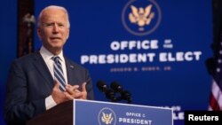 លោក Joe Biden ដែល​ត្រូវ​បាន​គេ​ព្យាករណ៍​ថា​ឈ្នះ​ការ​បោះឆ្នោត​ប្រធានាធិបតី​សហរដ្ឋ​អាមេរិក ​ថ្លែង​ក្នុង​សន្និសីទ​ព័ត៌មាន​មួយ​នៅ​ក្នុង​ទីក្រុង Wilmington រដ្ឋ Delawareកាល​ពី​ថ្ងៃ​ទី​១០ ខែ​វិច្ឆិកា ឆ្នាំ​២០២០។
