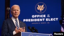 U.S. President-elect Joe Biden speaks about health care and the Affordable Care Act (Obamacare) at the theater serving as his transition headquarters in Wilmington, Delaware, U.S. November 10, 2020.