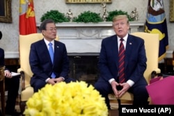 President Donald Trump meets with South Korean President Moon Jae-in in the Oval Office of the White House, April 11, 2019, in Washington.