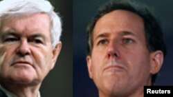 Os candidatos Republicanos ( da esquerda para a direita): Mitt Romney; Newt Gingrich U.S. Representative Ron Paul; Rick Santorum; Ron Paul 