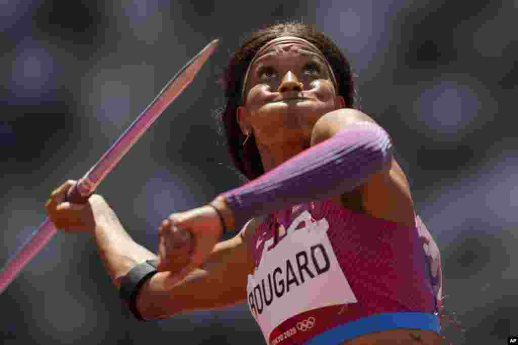 Erica Bougard of United States competes in the heptathlon javelin throw at the 2020 Summer Olympics in Tokyo, Japan.