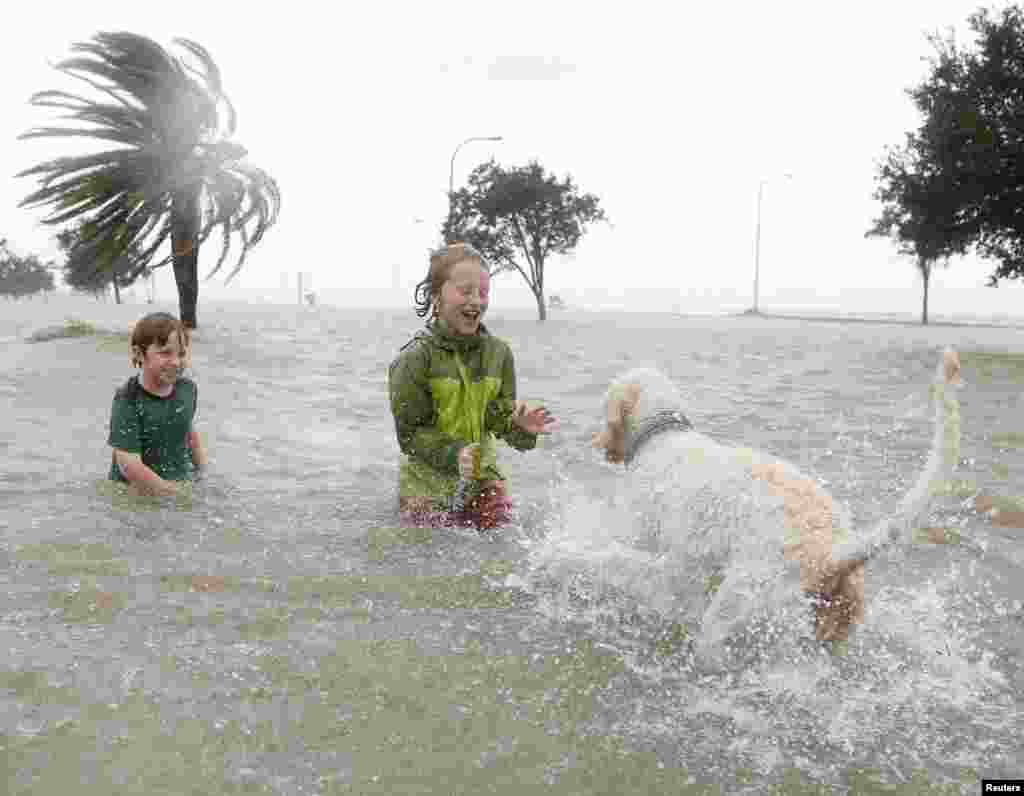 10-year-olds Joshua Keegan (L) and Ruffin Henry (C) play with Scout in a flooded area outside of the levee system along the shores of Lake Pontchartrain as Hurricane Isaac approaches New Orleans, Louisiana August 28, 2012. 