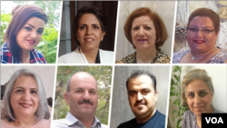 Iranian Baha'is who received a September 28, 2020, summons to prison in Birjand. Top from left: Arezoo Mohammadi, Farzaneh Dimi, Atieh Salehi, Roya Malaki. Bottom from left: Nasrin Ghadiri, Ataollah Malaki, Saeed Malaki, Banafsheh Mokhtari. (VOA Persian) 