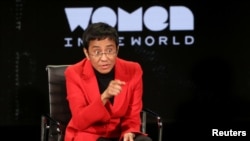 FILE - Crusading Filipina journalist Maria Ressa speaks at the Women In the World Summit in New York City, April 10, 2019.