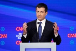 FILE - Pete Buttigieg speaks during a Democratic presidential candidates debate at Otterbein University in Westerville, Ohio, Oct. 15, 2019.