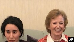 FILE - In this Dec. 15, 2018 photo, Sheikha Latifa (left) meets Mary Robinson, a former UN High Commissioner for Human Rights. 