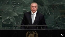Presidente de Brasil, Michel Temer, habla al pleno de la 72 Asamblea General de la ONU en Nueva York. Sept. 19, 2017.