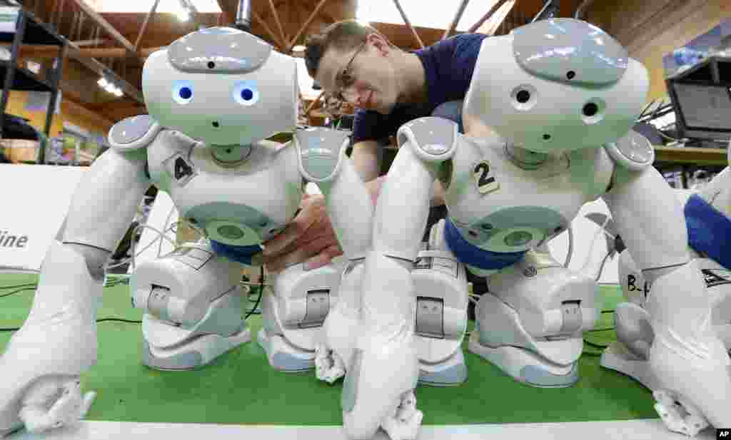 German Simon Taddiken prepares his robots during a soccer match in the Standard Platform League at the RoboCup GermanOpen 2013 in Magdeburg, central Germany. 