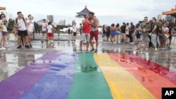 Participants rally during the "Taiwan Pride March for the World!" at Liberty Square at the CKS Memorial Hall in Taipei, Taiwan, June 28, 2020.