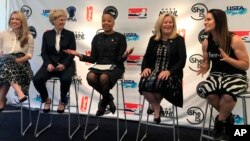 From left, Caiti Donovan, executive director of SheIS; Brenda Andress, commissioner of the Canadian Women’s Hockey League; Lisa Borders, president of the WNBA; Stacey Allaster, chief executive for the US Tennis Association; and Dr. Jen Welter, the first female NFL coach, all meet to speak with sponsors, investors and other commissioners of leagues in New York, April 18, 2018. Women’s sports leagues are banding together for the first time with a new initiative — SheIS.