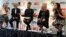 From left, Caiti Donovan, executive director of SheIS; Brenda Andress, commissioner of the Canadian Women’s Hockey League; Lisa Borders, president of the WNBA; Stacey Allaster, chief executive for the US Tennis Association; and Dr. Jen Welter, the first female NFL coach, all meet to speak with sponsors, investors and other commissioners of leagues in New York, April 18, 2018. Women’s sports leagues are banding together for the first time with a new initiative — SheIS.