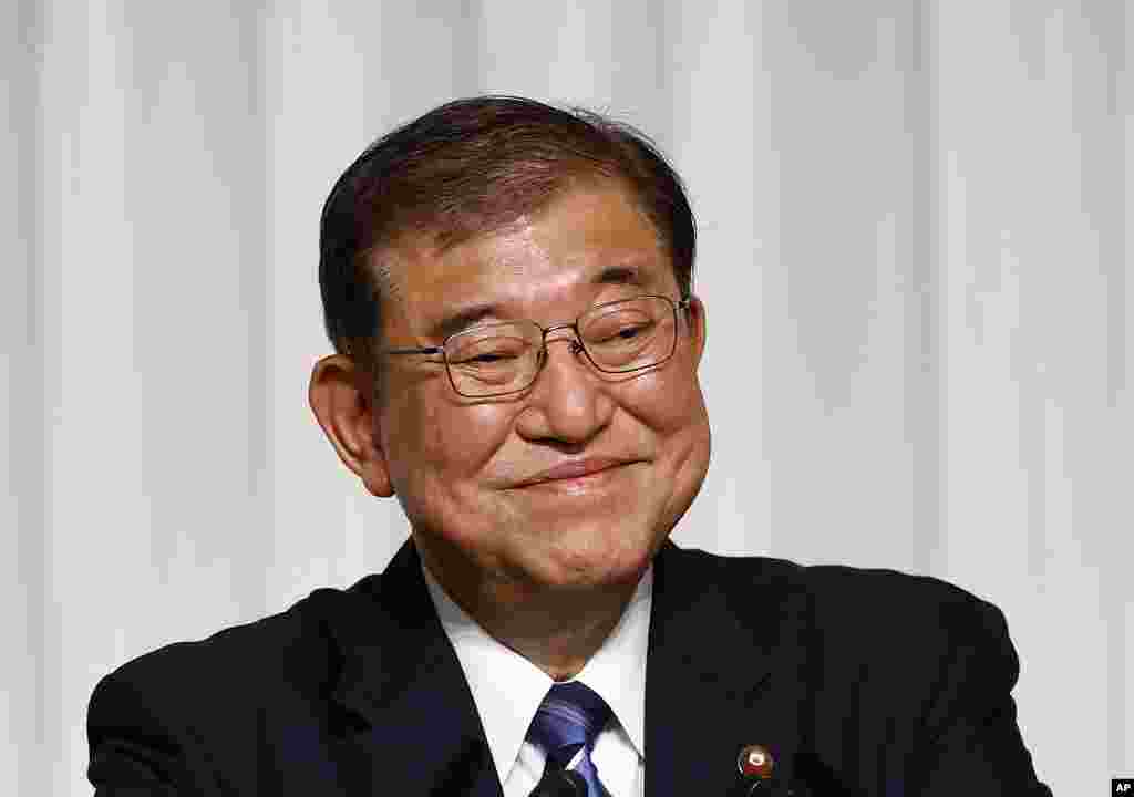 Shigeru Ishiba, the newly elected leader of Japan&#39;s ruling party, the Liberal Democratic Party (LDP), holds a press conference after the LDP leadership election, in Tokyo.