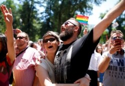 People take part in the first gay pride parade in Skopje, North Macedonia, June 29, 2019.