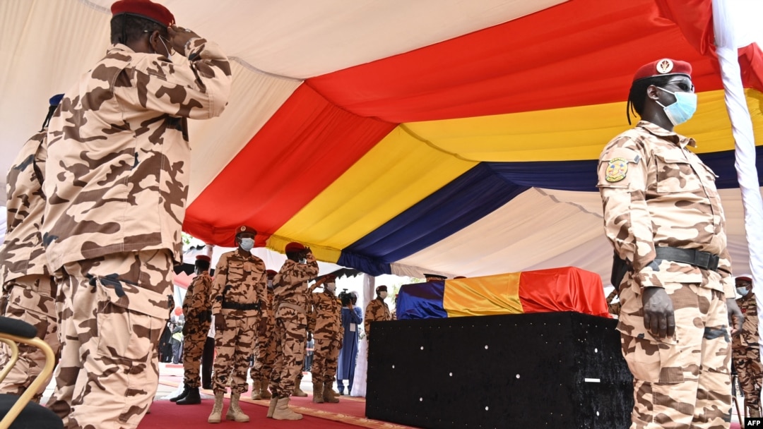 Chad army officers pay tribute to late Chadian President Idriss Deby Itno during the state funeral in N'Djamena, April 23, 2021.