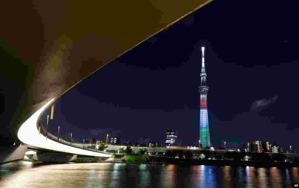 The Tokyo Skytree shows a special lighting in red, blue and green, the symbol colors of the Tokyo 2020 Paralympic Games, to mark one year before the opening of the Paralympics that was postponed this summer due to the coronavirus pandemic, in Tokyo.