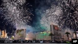 Fireworks are launched before the Tropicana Las Vegas towers are imploded, in Las Vegas, Oct. 9, 2024.