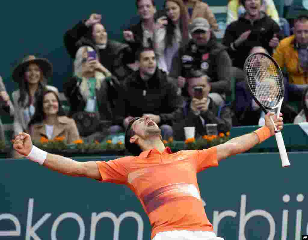 Novak Djokovic of Serbia celebrates at the end of his quarterfinal tennis match against Miomir Kecmanovic of Serbia,&nbsp;at the Serbia Open tennis tournament in Belgrade.