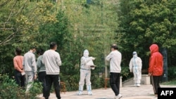 A community volunteer wearing personal protective equipment gestures as residents line up during a test for the Covid-19 coronavirus in a compound during a Covid-19 lockdown in Pudong district in Shanghai on April 19, 2022.